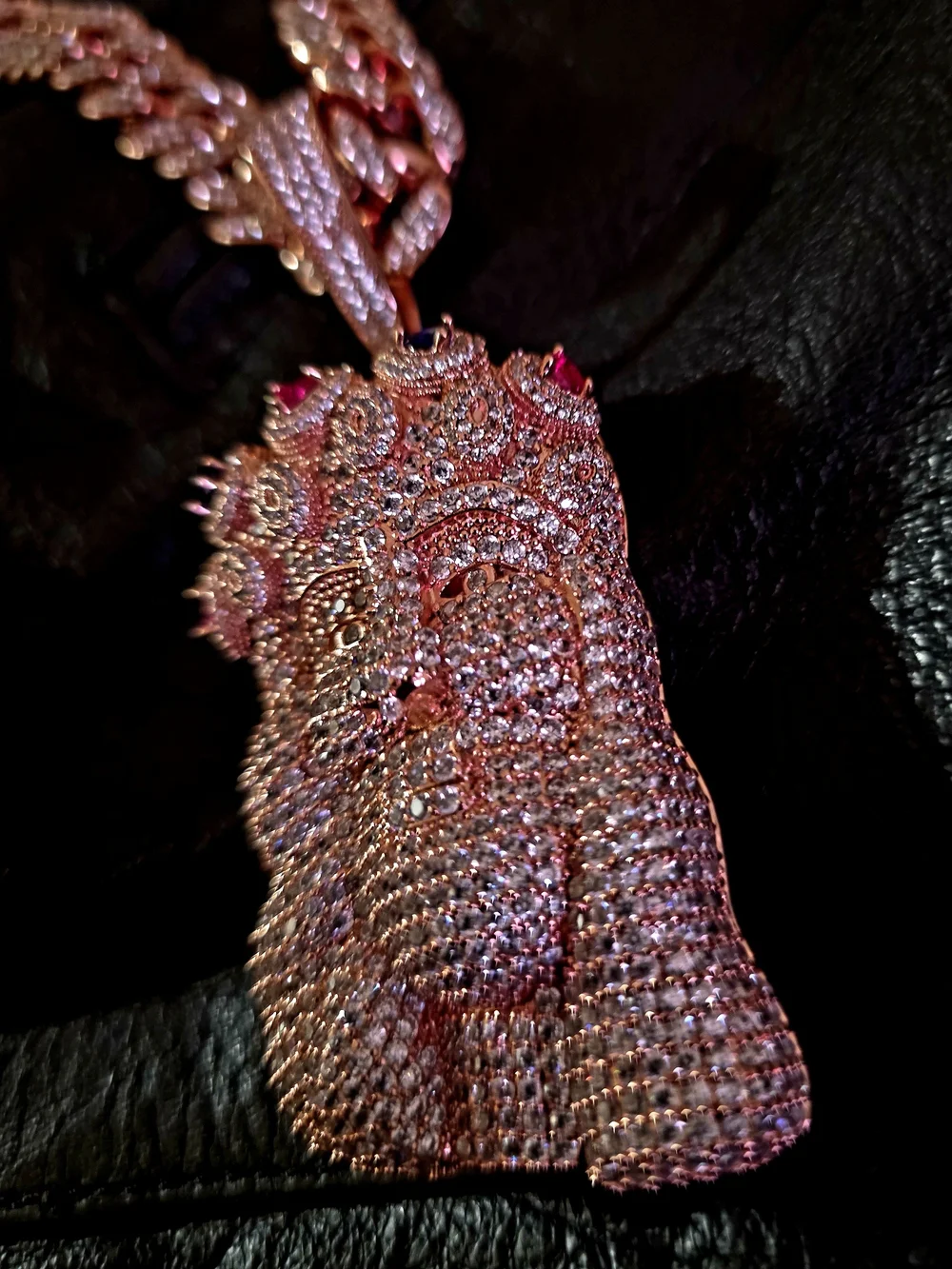 Rhinestone Jesus Piece Pendant - Pink and Gold Tone